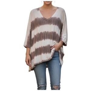 Easel Oversized Brown and Cream Tie Dye V Neck Cotton Women’s Tunic Top - Large